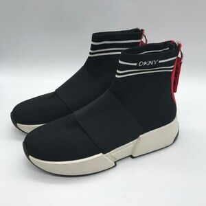 DKNY Donna Karan Women's Size 8.5M  Black Zip Back Logo High Top Sock Sneakers
